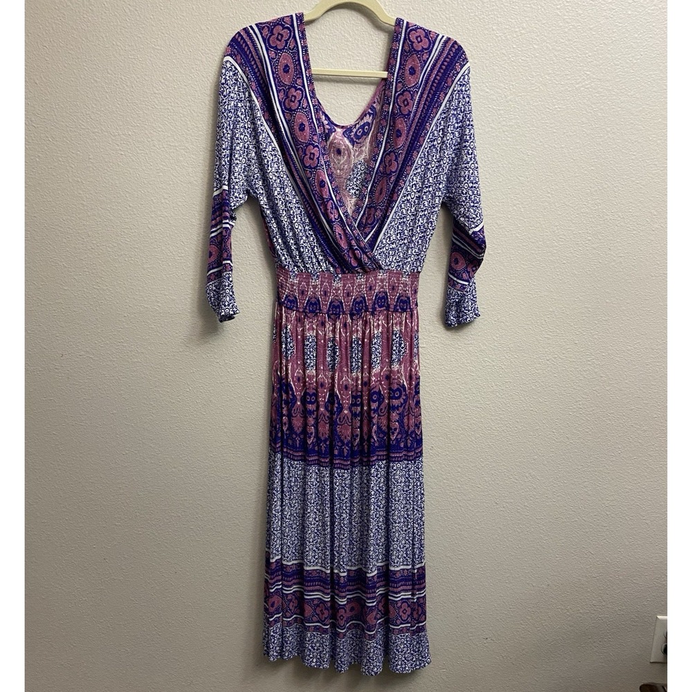 Free People She's A Lady Flowy V Neck‎ Midi Dress Size Small Smocked Waist Boho